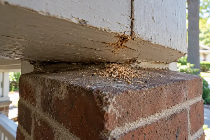 Sawdust-like carpenter ant frass piled where a porch post meets the brick