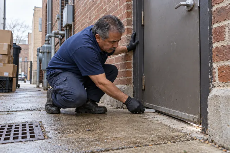 Technician checking the gap under the back service door of a downtown brick building