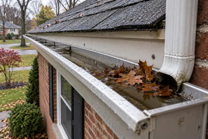 Leaf-clogged gutter holding standing water