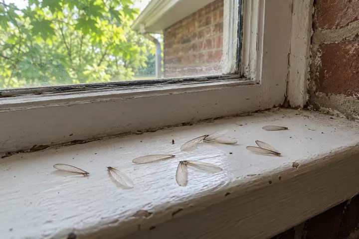 Shed termite wings scattered on a window sill
