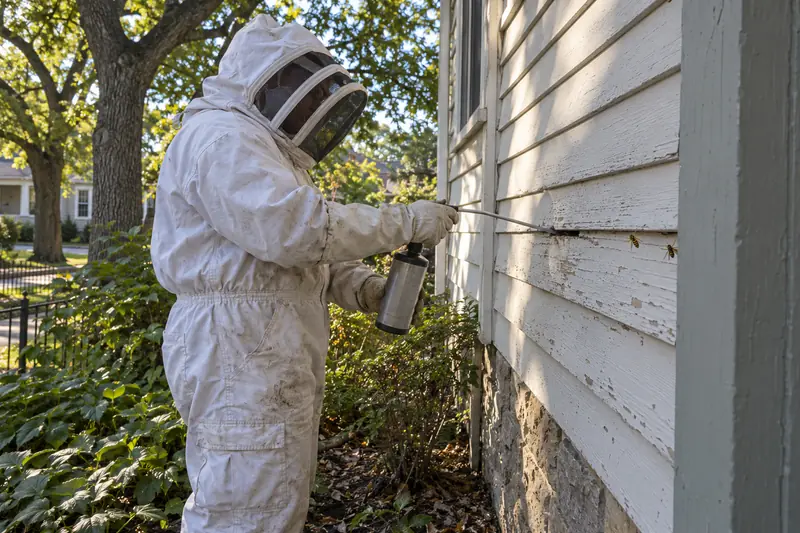Technician in a bee suit and veil treating a wasp nest inside the siding of a house